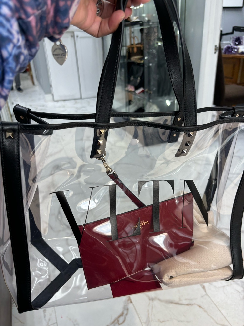 Valentino Clear Tote with Black Trim and Red Pouch